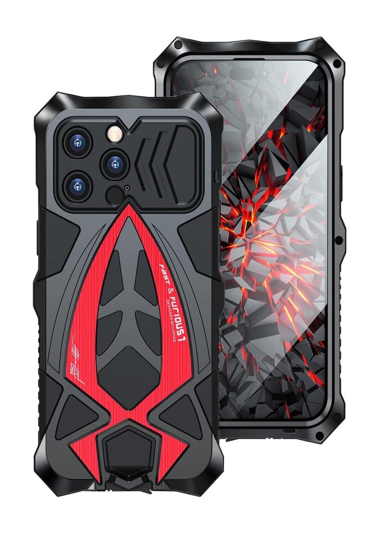 [1+1] Metal Case for iPhone 16 Pro Max, with 1 Tempered Glass Screen Protector, Mil-Aluminum Metal Shockproof Case Full Body Protection Heavy Duty Armor Hard Case (Black Red)