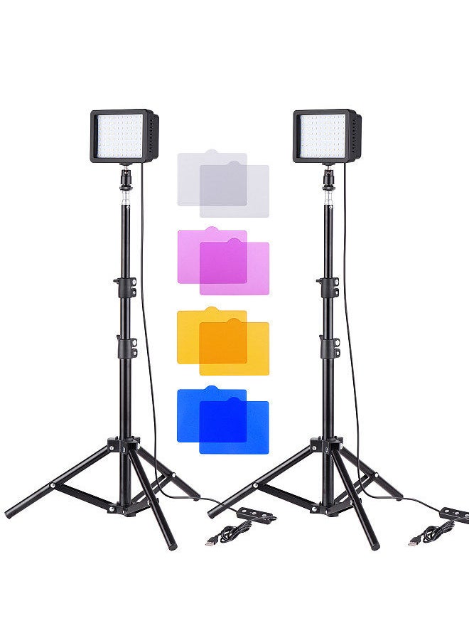 Mini USB LED Light Kit Including 10W 5600K LED Video Light Panel * 2 + 100cm/39.4inch Tripod Light Stands * 2 + Flexible Ballhead Adapter * 2 + Colors Filters * 8