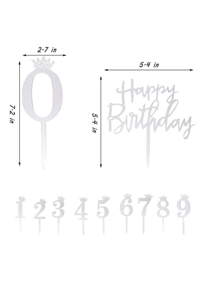 Acrylic Happy Birthday Cake Toppers Set of 11 - Includes Numbers 0-9 and Crown Design for Wedding Anniversaries or Birthday Party Decorations
