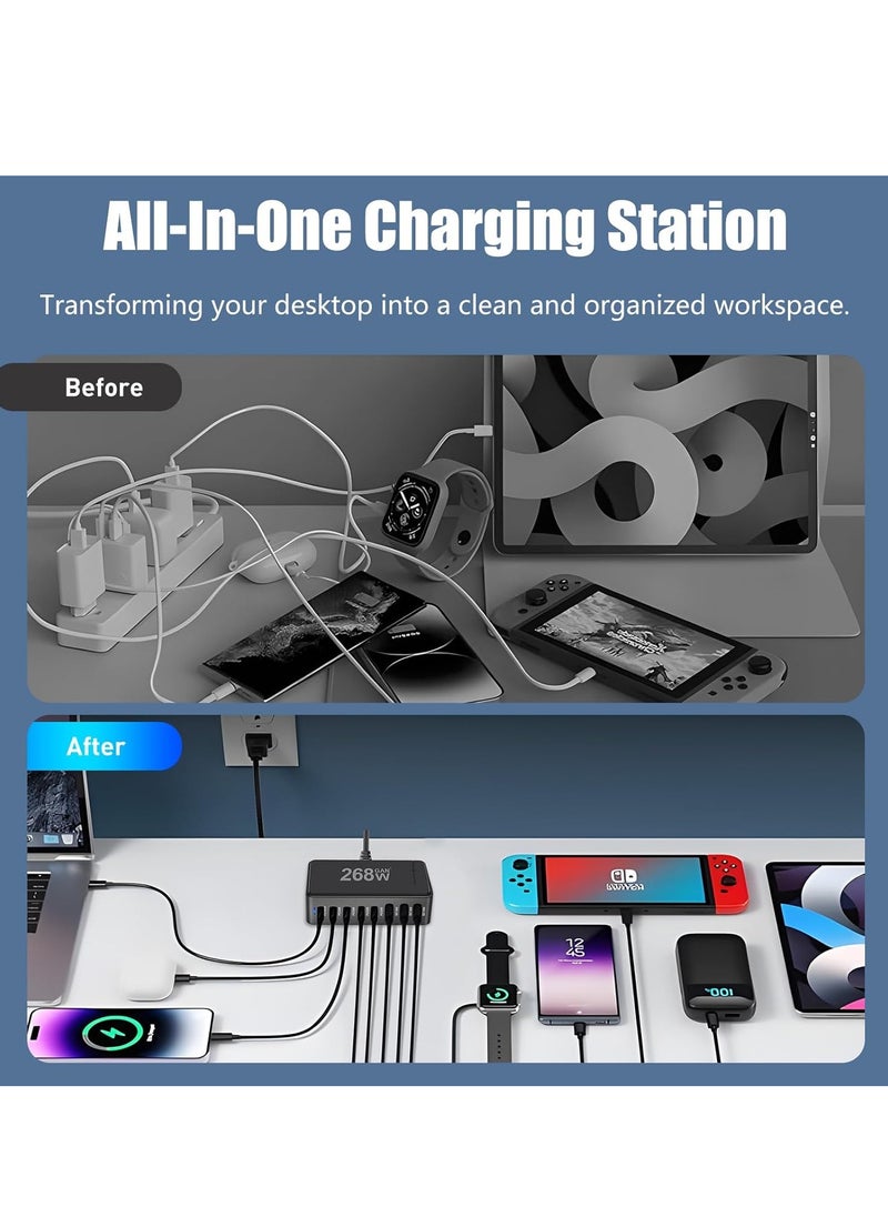268W Charging Station USB C Charger, 7 Ports Charger Type C - GaN PD 100W Charger Power Adapter for Macbook, iPhone, Galaxy, iPad, Honor