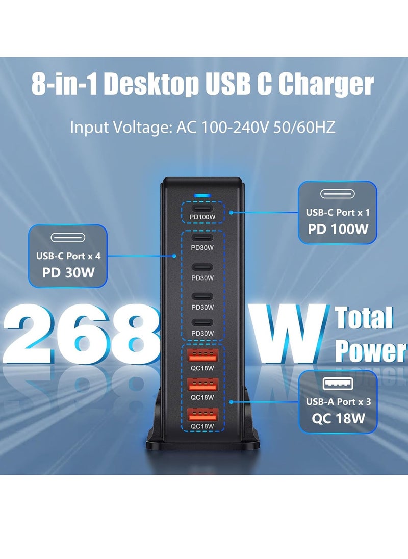 268W Charging Station USB C Charger, 7 Ports Charger Type C - GaN PD 100W Charger Power Adapter for Macbook, iPhone, Galaxy, iPad, Honor