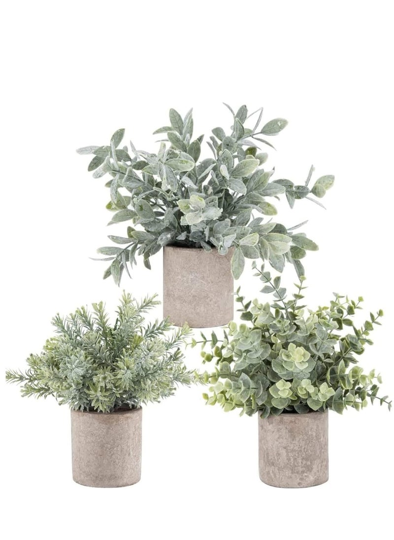 Small Artificial Plants Fake Potted Plant, Mini Artificial Plastic Eucalyptus Plants Potted Faux Plants Indoor for Desk Bathroom Bedroom Home Office Greenery Decoration 3pcs