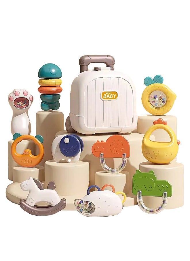 10pcs Baby Rattle Toy Set with Suitcase A Grade Plastic and Silicone, Early Educational Newborn Shaker, Grinding Toys, Boilable BPA Free, 2-in-1 Infant Soothing Toys