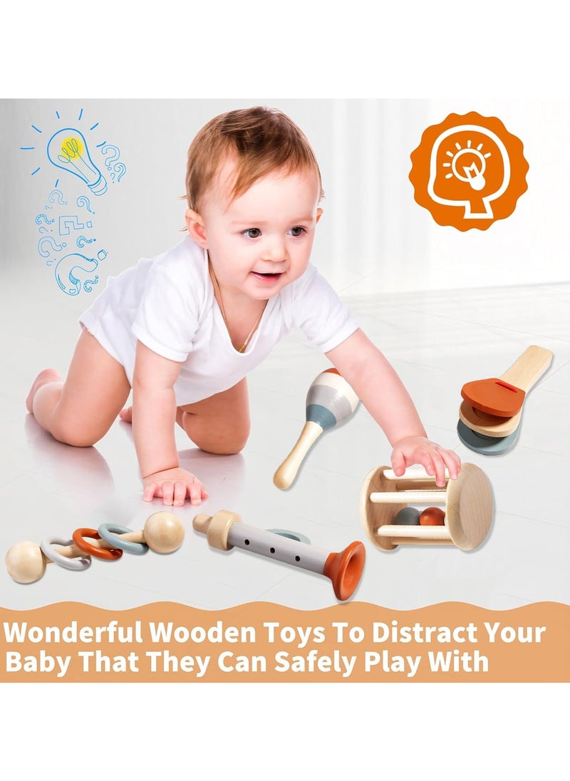 Montessori Wooden Toys for Baby, Wooden Baby Rattle Toys Set, 5pcs Wooden Music Alinstrument Toys with Trumpet, Maracas, Castanets, Three-Ring Rattle, Cage Rattles, Montessori Toys for Babies