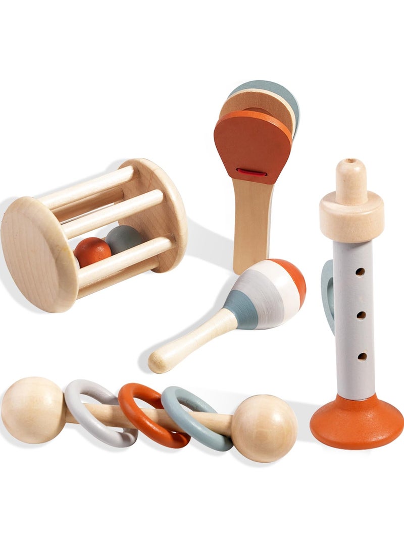 Montessori Wooden Toys for Baby, Wooden Baby Rattle Toys Set, 5pcs Wooden Music Alinstrument Toys with Trumpet, Maracas, Castanets, Three-Ring Rattle, Cage Rattles, Montessori Toys for Babies