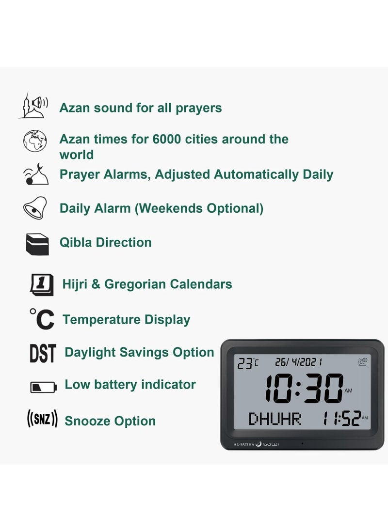 AL-FATIHA Automatic Worldwide Digital 8 Azan Prayer Sounds Islamic Wall and Desk Clock Black