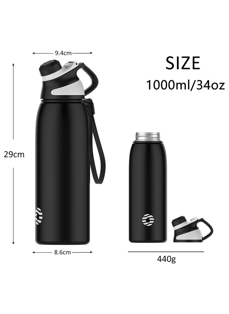 Stainless Steel Water Bottle 1L with Magnetic Lid, BPA Free Insulated Water Bottle, Sports Metal Water Bottle Hot&Cold Drinks Vacuum Flask Leak-Proof for Gym, Work, Travel