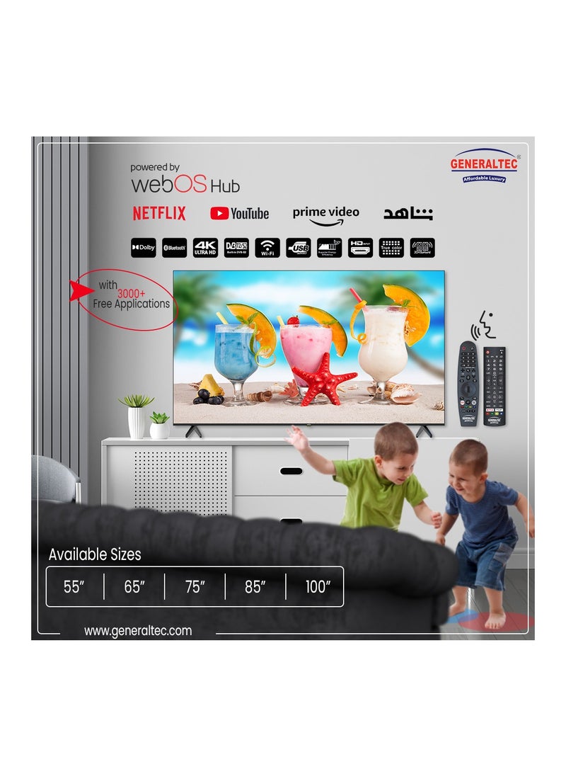 Generaltec 85 Inch Smart 4K Ultra HD LED TV with WebOS, 2 Remote controls, Magic Remote, Cinema Screen Design 4K Ultra HDR, Dolby Audio, Smart Voice Control, Apps YouTube, Netflix, Shahid