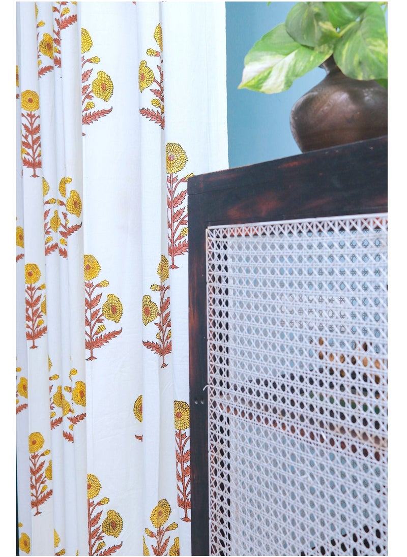 Yellow 100 Percent Premium Cotton Hand Block Printed Curtains 274 X 152 Cm