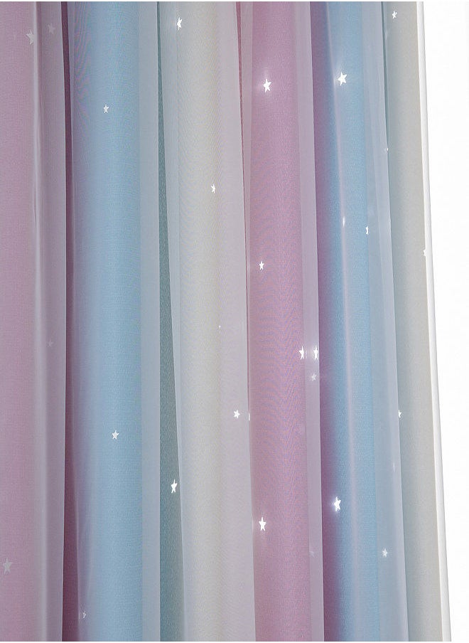 2pc Curtain Simple Gradient Hollow-out Star Pattern Double Layer Blackout Bedroom Living Room Insulation Curtain