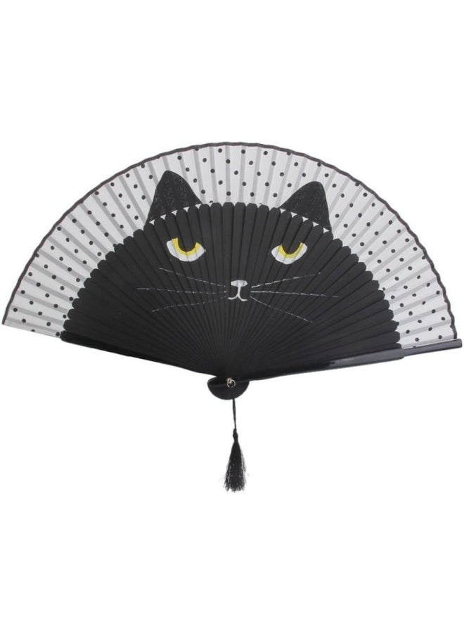 Women Cartoon Cat Folding Silk Fan Handheld Fan (Black)