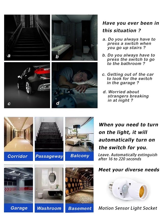 Motion Sensor Light Socket, Infrared Sensor Lamp Holder Screw LED CFL Incandescent Bulb Adapter, Outdoor Indoor Garage Light, for Basement