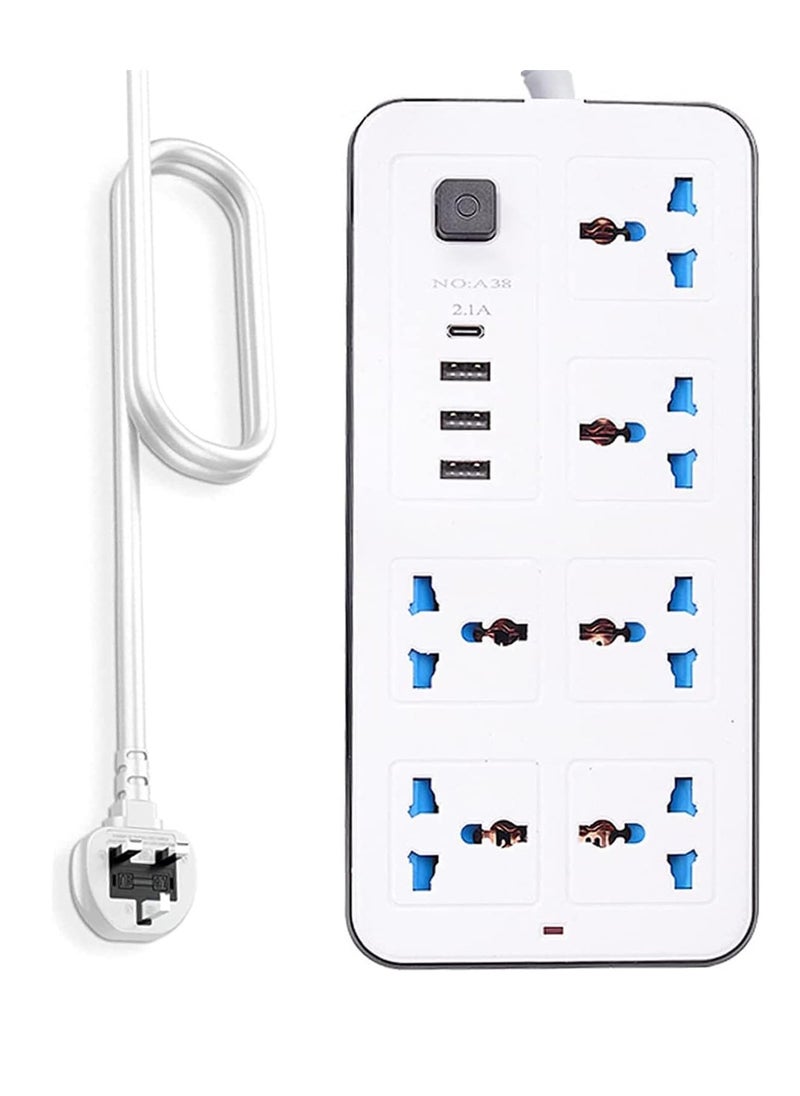 Power Strip Surge Protector with USB- Extension Cord Flat Plug with Widely 6 AC Outlet and 3 USB + 1 Type C, Small Desktop Station with 6 ft Power Cord, Compact Socket (GK-A38-WHT)