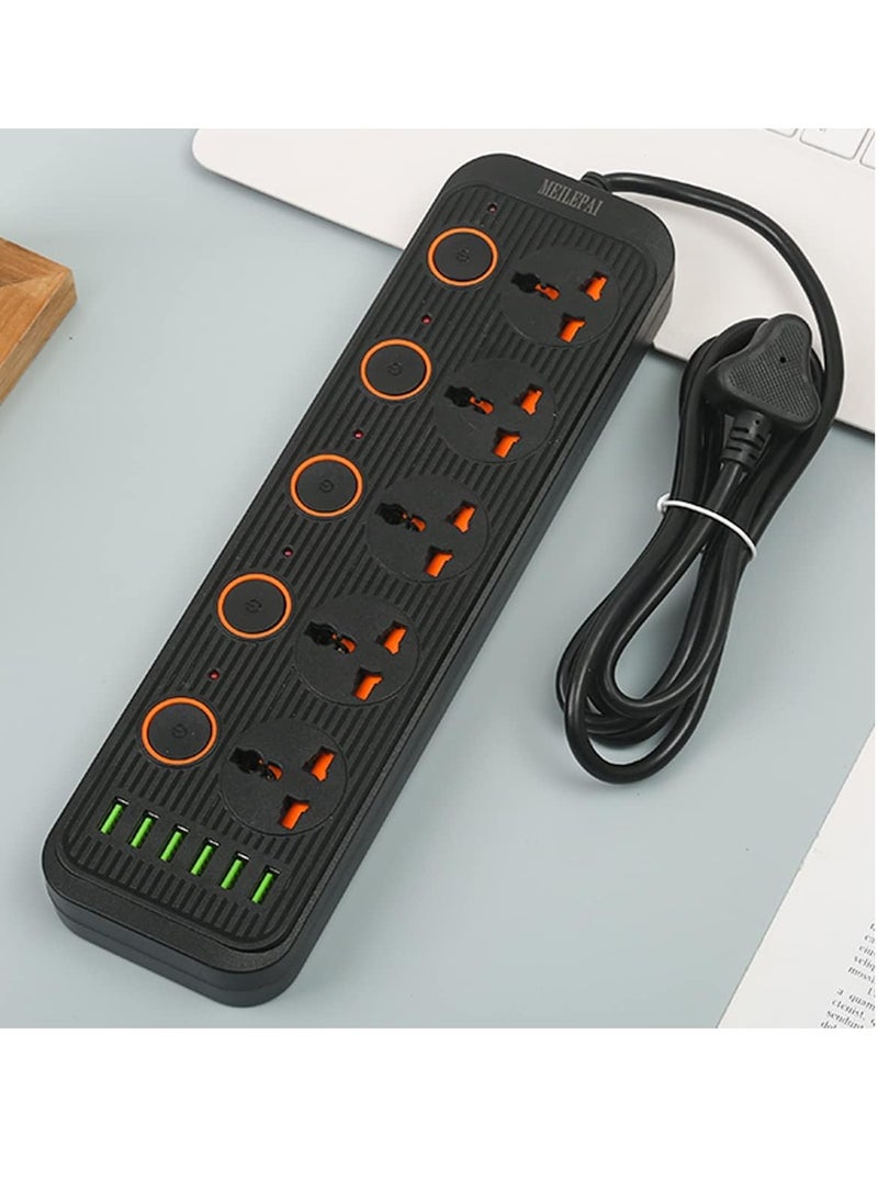 Power Strip Surge Protector with USB- Extension Cord Flat Plug with Widely 5 AC Outlet and 6 USB, Small Desktop Station with 6 ft Power Cord, Compact Socket (A06 Black)