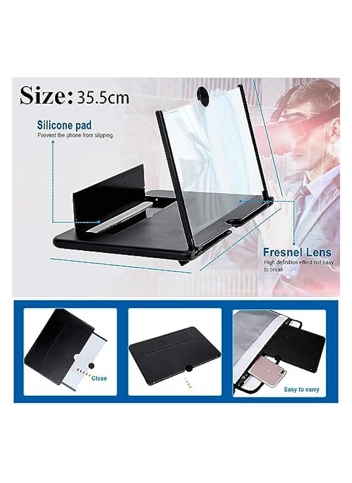 35.5cm 3D Phone Screen Magnifier – HD Magnifier Projector Screen Enlarger for Videos, Movies, Games – Foldable Phone Stand with Screen Amplifier – Supports All Smartphones (Black)