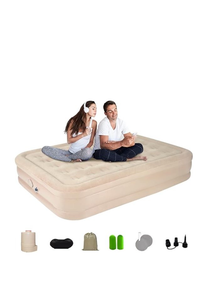 Double Air Bed, Air mattress Inflatable Queen Mattress Built-in Air Pump, One Button Charge/Deflate, No Plugs, Ultra Plush Fiber Technology for Home, Travel & Camping, 78 x 56 x 15 Inches - Tan