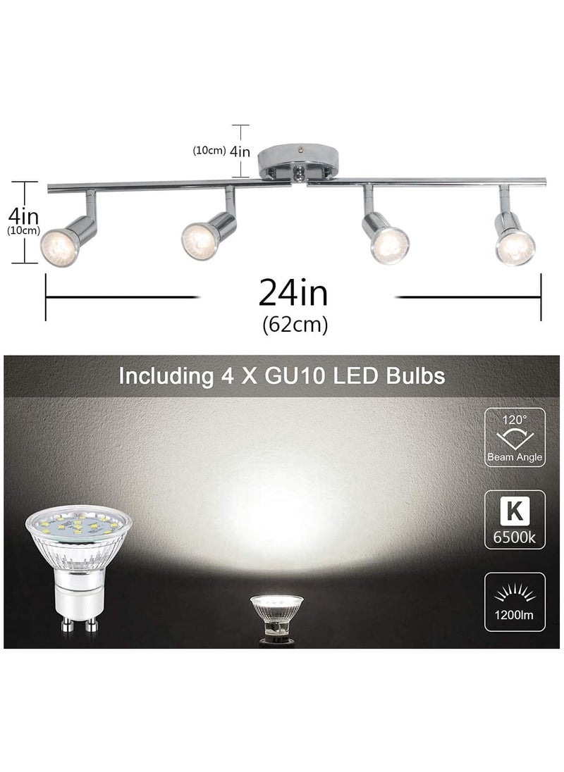 LED Track Lighting Kit, Directional Ceiling Spotlight, 4-Light Modern Track Light Fixtures with Chrome Flexibly Rotatable Light Heads for Kitchen Bedroom Living Room, Included 4 x GU10 Bulb