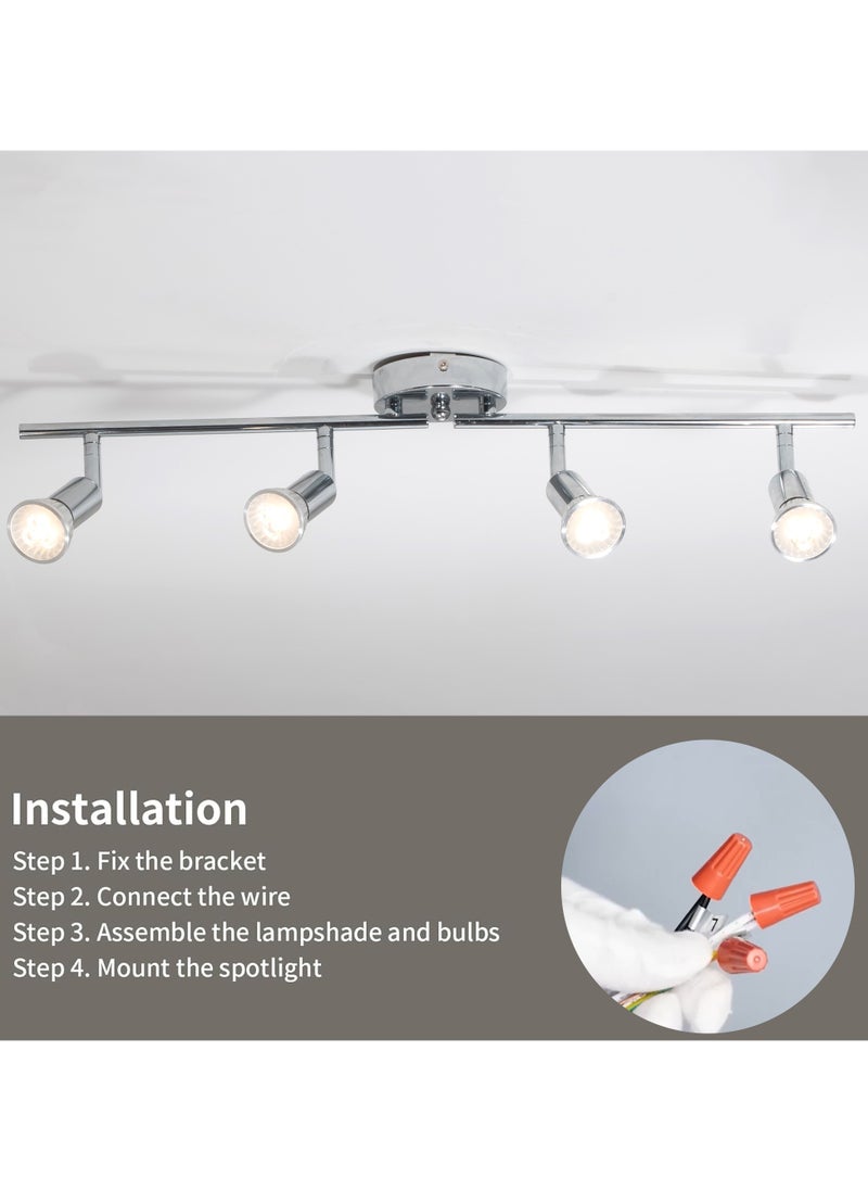 LED Track Lighting Kit, Directional Ceiling Spotlight, 4-Light Modern Track Light Fixtures with Chrome Flexibly Rotatable Light Heads for Kitchen Bedroom Living Room, Included 4 x GU10 Bulb