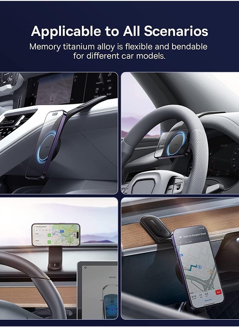C02 Magnetic Phone Holder Car Magnetic Phone Holder, MagSafe Dashboard Holder Compatible with iPhone 15 Pro Max, 15 Pro, 15 Plus Tesla Bendable Memory Titanium Alloy Suitable for All Dashboards, Windshields (Supports Wireless Charging)