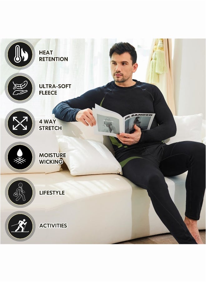 Men's Thermal Underwear Sets Top & Long Johns Fleece Sweat Quick Drying Thermo Base Layer-Black