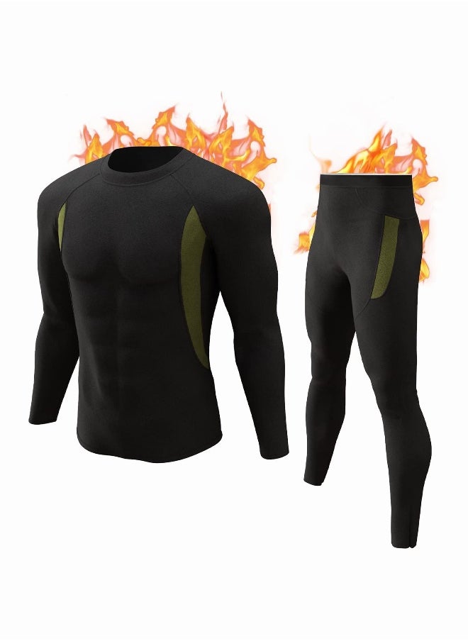 Men's Thermal Underwear Sets Top & Long Johns Fleece Sweat Quick Drying Thermo Base Layer-Black