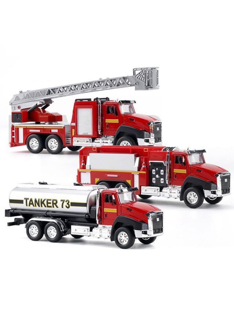 Max Metal Die-Cast Transport Vehicles Truck Toys (3 Pack) 1:50 Pull Back Metal Model (Set R) Fire Ladder Truck, Fire Engine and Fire Tanker Truck