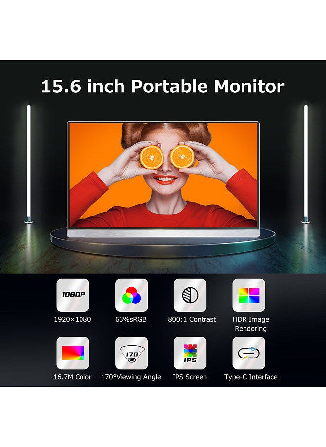 15.6 inch Portable Monitor IPS Screen 1920*1080 Resolution 170° Viewing Angle 60Hz Refresh Rate Wide Compatibility Silver UK Plug