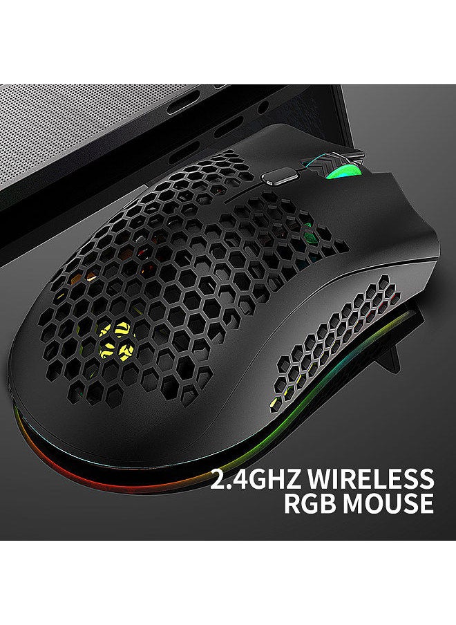 2.4G Wireless Gaming Mouse Rechargeable Mouse with RGB Light Effect 3 Adjustable DPI Hollowed-out Honeycomb Design Black