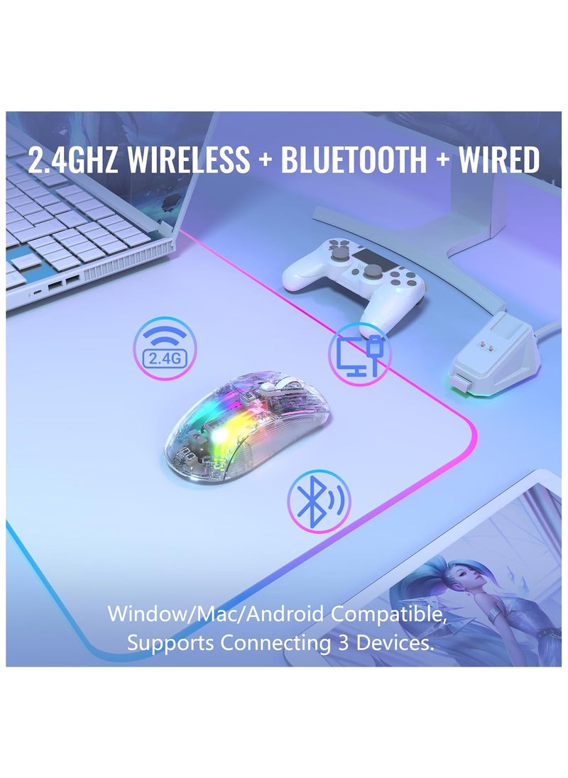 X2 Pro Wireless Gaming Mouse with Charging Station, Quiet Mouse Tri-Mode (BT5.0/2.4G Wireless/Type-C), 4000 DPI RGB Bluetooth Mouse, Rechargeable, Transparent Shell, for PC/MAC, White