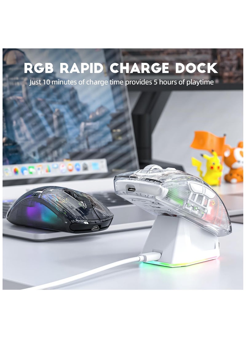 X2 Pro Wireless Gaming Mouse with Charging Station, Quiet Mouse Tri-Mode (BT5.0/2.4G Wireless/Type-C), 4000 DPI RGB Bluetooth Mouse, Rechargeable, Transparent Shell, for PC/MAC, White