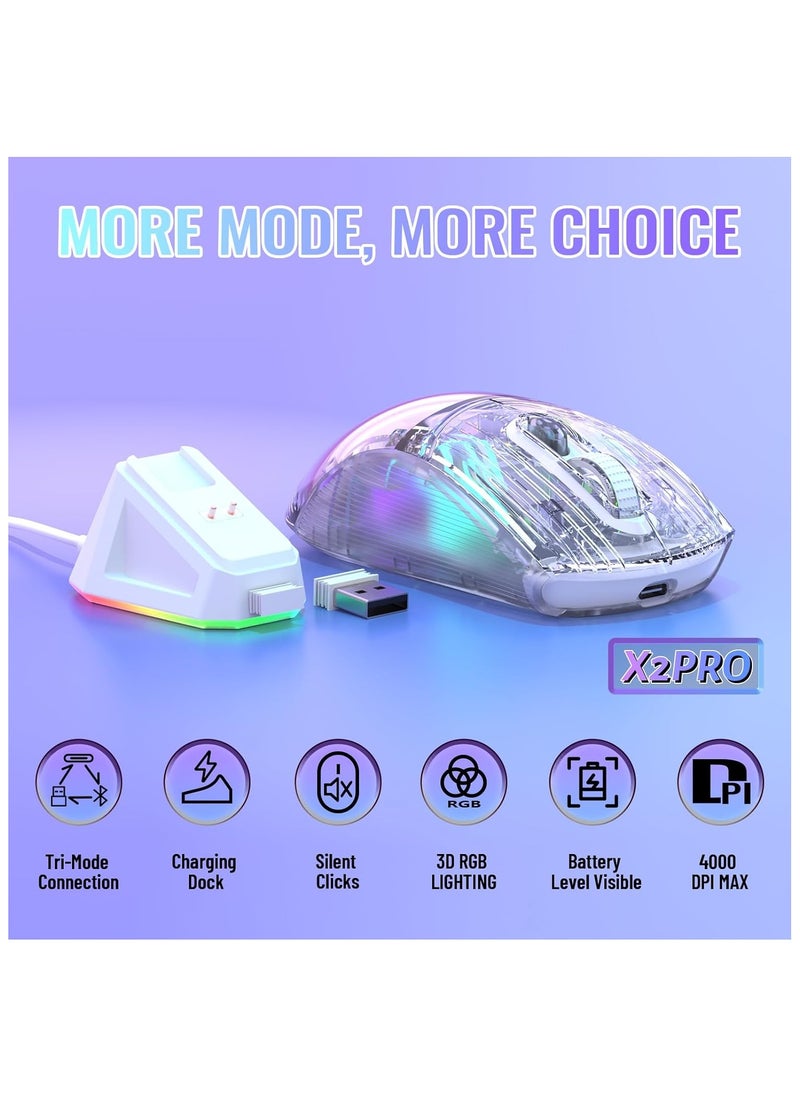 X2 Pro Wireless Gaming Mouse with Charging Station, Quiet Mouse Tri-Mode (BT5.0/2.4G Wireless/Type-C), 4000 DPI RGB Bluetooth Mouse, Rechargeable, Transparent Shell, for PC/MAC, White