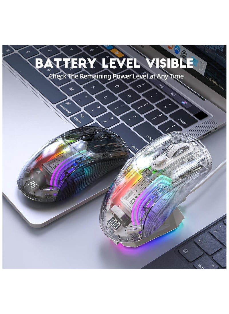 X2 Pro Wireless Gaming Mouse with Charging Station, Quiet Mouse Tri-Mode (BT5.0/2.4G Wireless/Type-C), 4000 DPI RGB Bluetooth Mouse, Rechargeable, Transparent Shell, for PC/MAC, White
