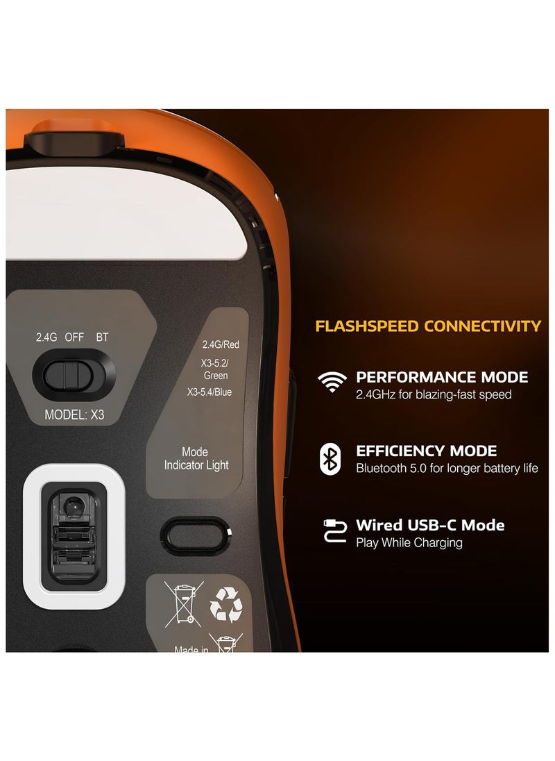 ATTACK SHARK X3 Lightweight Wireless Gaming Mouse with Tri-Mode 2.4G/USB-C Wired/Bluetooth,Up to 26K DPI, PAW3395 Optical Sensor,Kailh GM8.0 Switch,5 programmable Buttons for PC/Win/Mac(Orange)