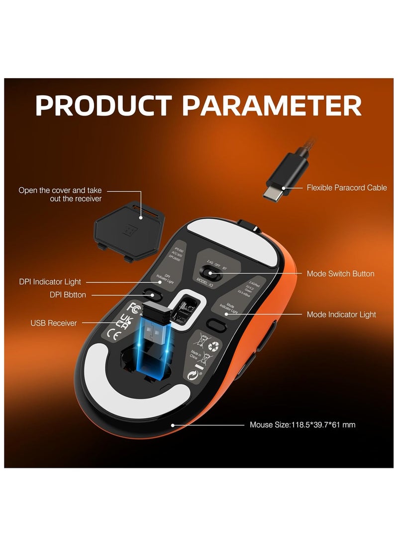 ATTACK SHARK X3 Lightweight Wireless Gaming Mouse with Tri-Mode 2.4G/USB-C Wired/Bluetooth,Up to 26K DPI, PAW3395 Optical Sensor,Kailh GM8.0 Switch,5 programmable Buttons for PC/Win/Mac(Orange)