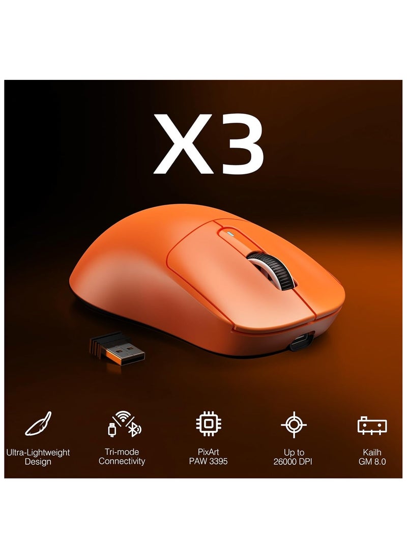 ATTACK SHARK X3 Lightweight Wireless Gaming Mouse with Tri-Mode 2.4G/USB-C Wired/Bluetooth,Up to 26K DPI, PAW3395 Optical Sensor,Kailh GM8.0 Switch,5 programmable Buttons for PC/Win/Mac(Orange)