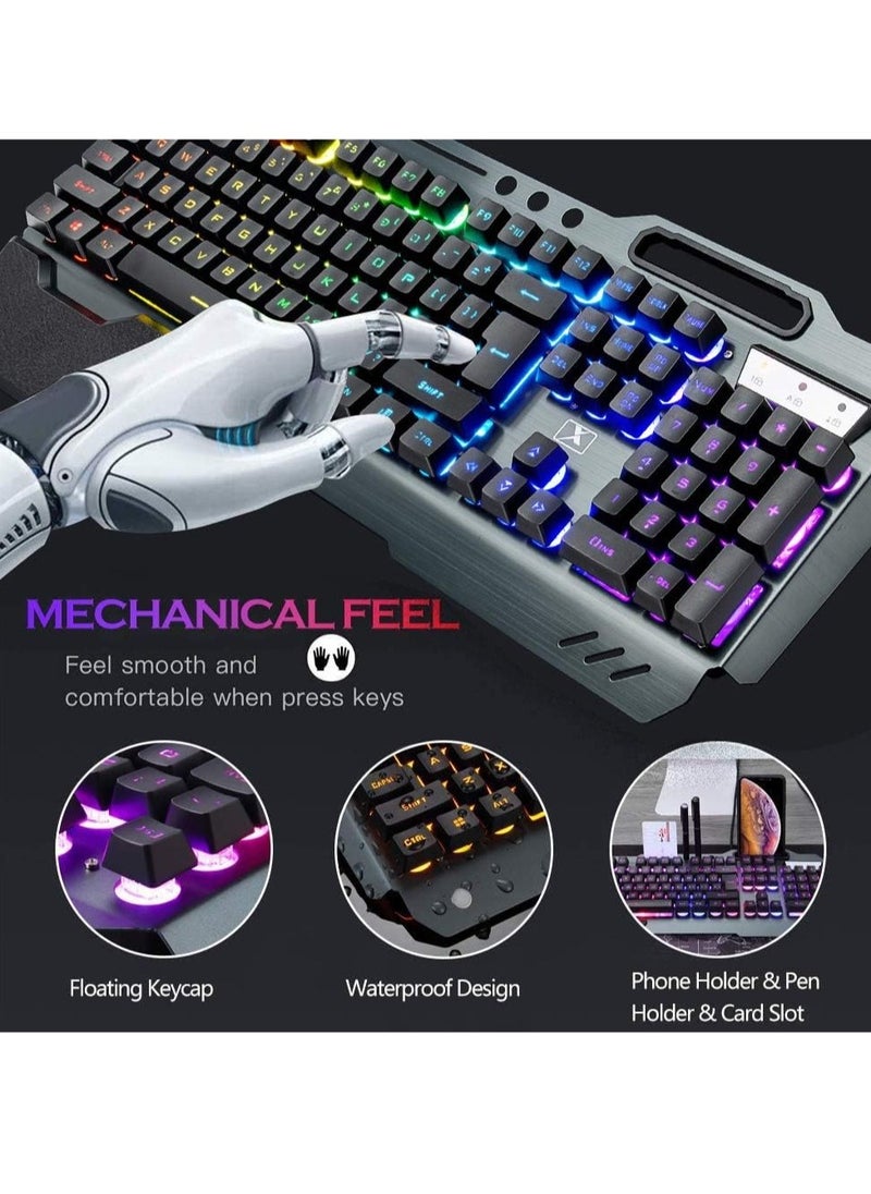 Wireless Gaming Keyboard And Mouse, Quiet Ergonomic Mechanical Feeling Keyboard With Removable Hand Rest, Portable Durable Rechargeable Keyboard Mouse Set PC Gamer, (Black RGB)