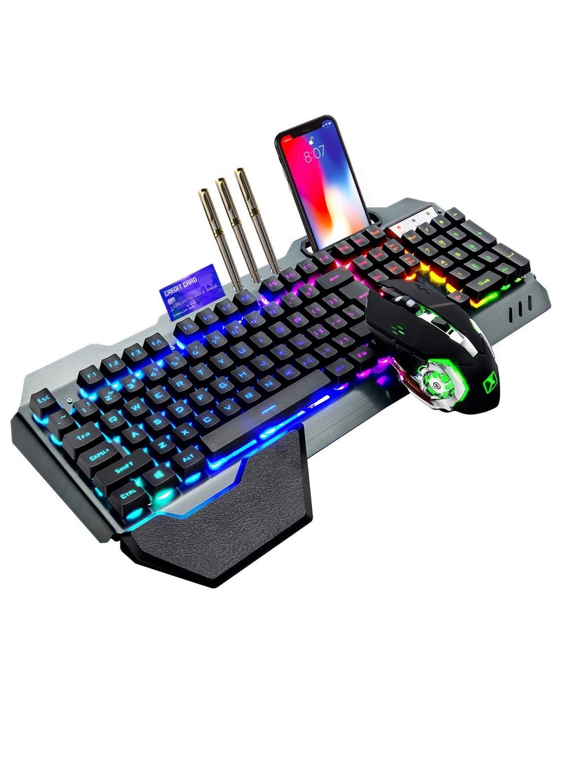 Wireless Gaming Keyboard And Mouse, Quiet Ergonomic Mechanical Feeling Keyboard With Removable Hand Rest, Portable Durable Rechargeable Keyboard Mouse Set PC Gamer, (Black RGB)