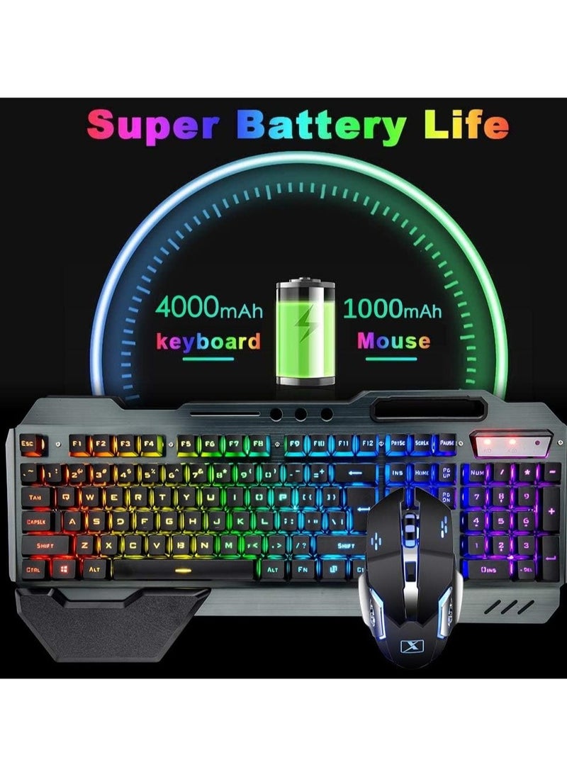 Wireless Gaming Keyboard And Mouse, Quiet Ergonomic Mechanical Feeling Keyboard With Removable Hand Rest, Portable Durable Rechargeable Keyboard Mouse Set PC Gamer, (Black Rainbow)