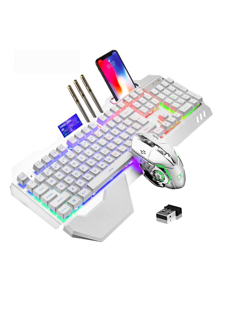 Wireless Gaming Keyboard And Mouse, Quiet Ergonomic Mechanical Feeling Keyboard With Removable Hand Rest, Portable Durable Rechargeable Keyboard Mouse Set PC Gamer, (White RGB)