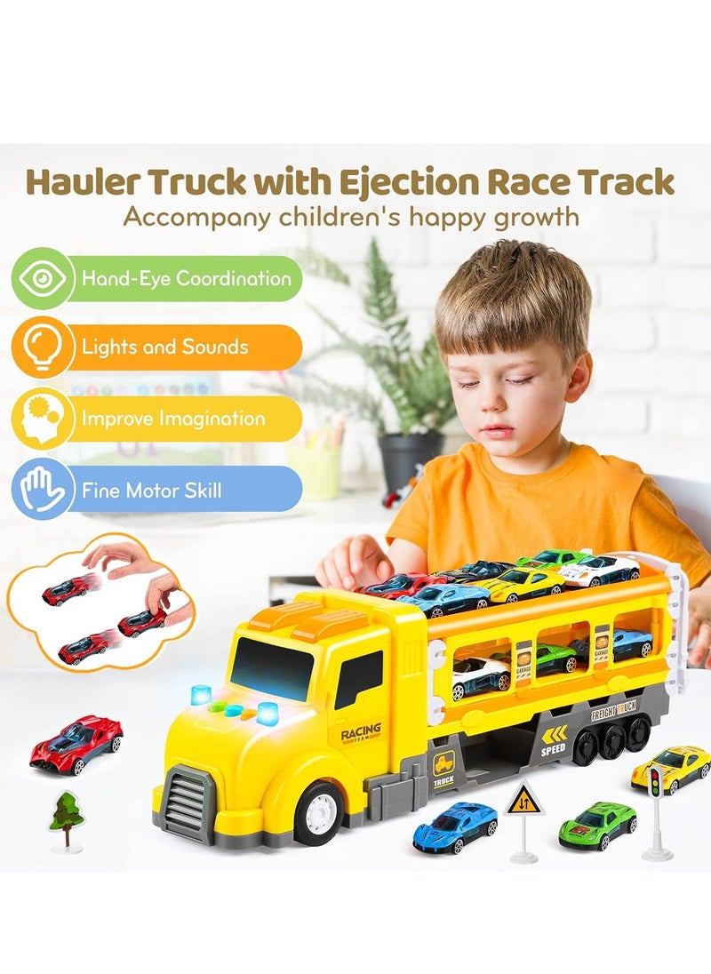 Transport Car Carrier Truck Toys for Kids, Transforms Race Track Playset with Lights Sounds, Ultimate City Transporter with 6 Cars, Birthday Gifts Toys for Boys Girls