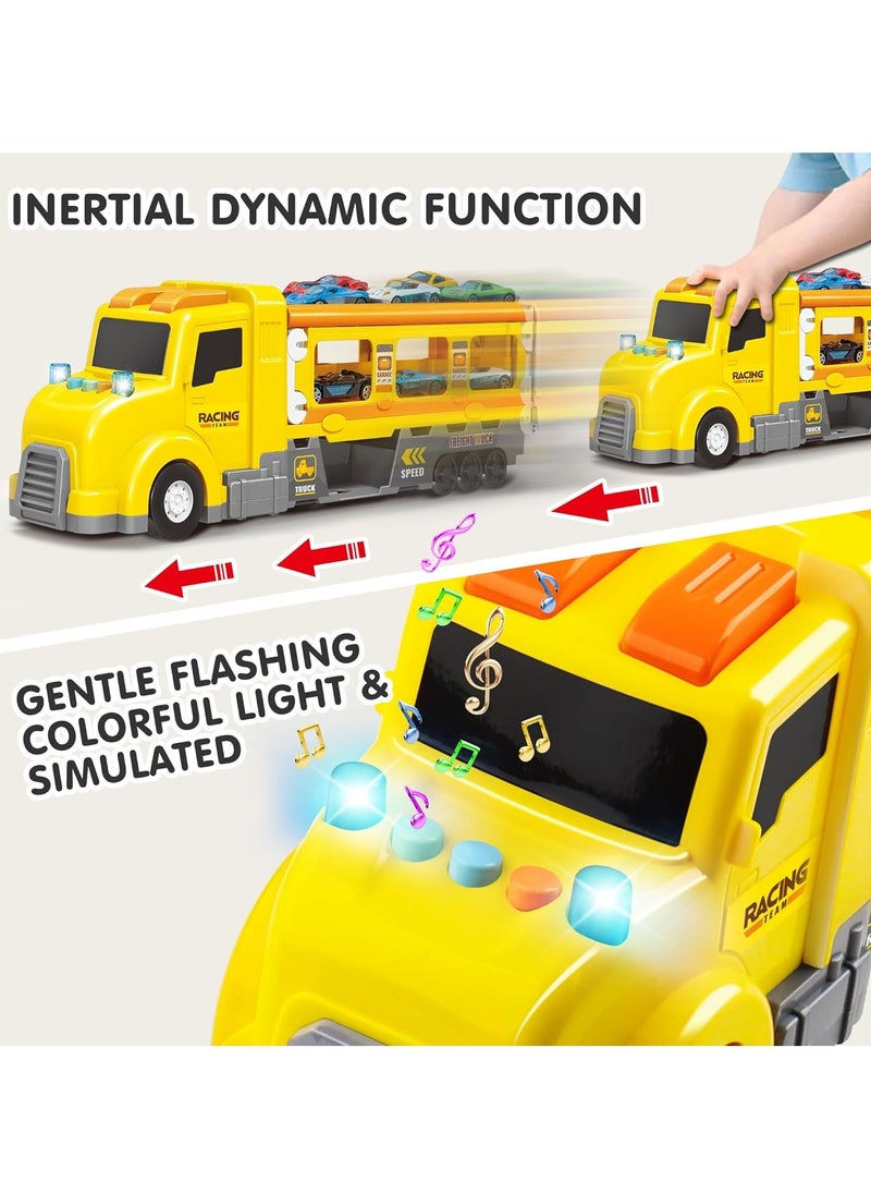 Transport Car Carrier Truck Toys for Kids, Transforms Race Track Playset with Lights Sounds, Ultimate City Transporter with 6 Cars, Birthday Gifts Toys for Boys Girls