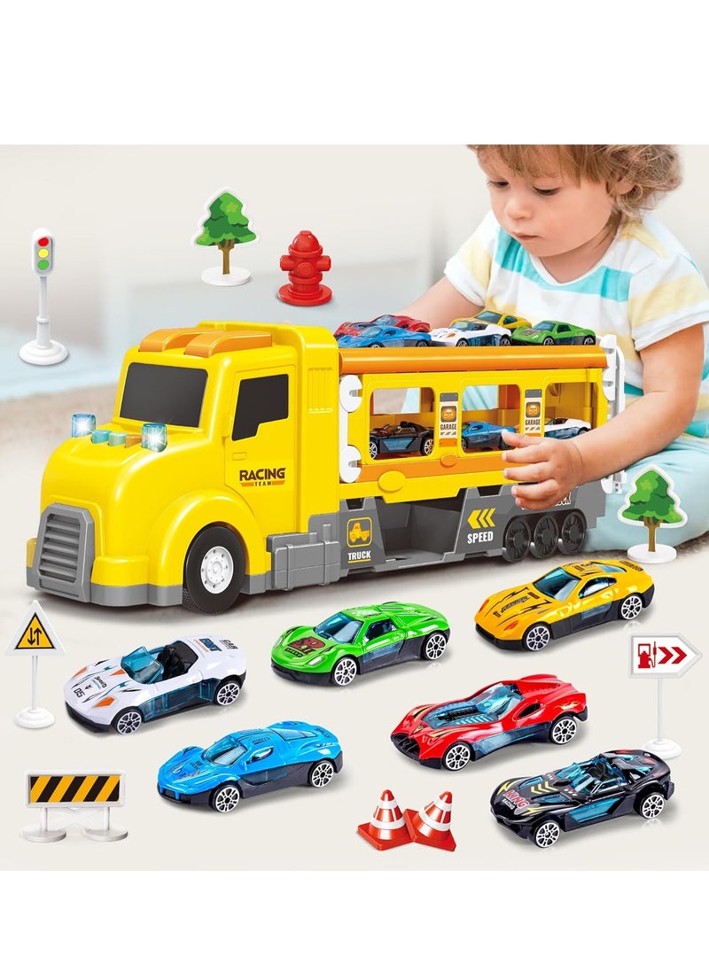 Transport Car Carrier Truck Toys for Kids, Transforms Race Track Playset with Lights Sounds, Ultimate City Transporter with 6 Cars, Birthday Gifts Toys for Boys Girls