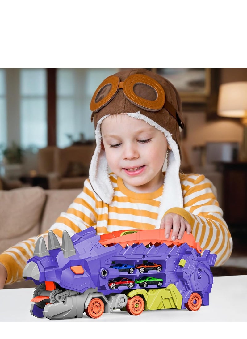 Dinosaur Truck Toys for Kids, Transforms into Triceratops with Race Track Set, Ultimate City Dinosaur Transporter Hauler with 8 Cars, Birthday Gifts Toys for Boys Girls