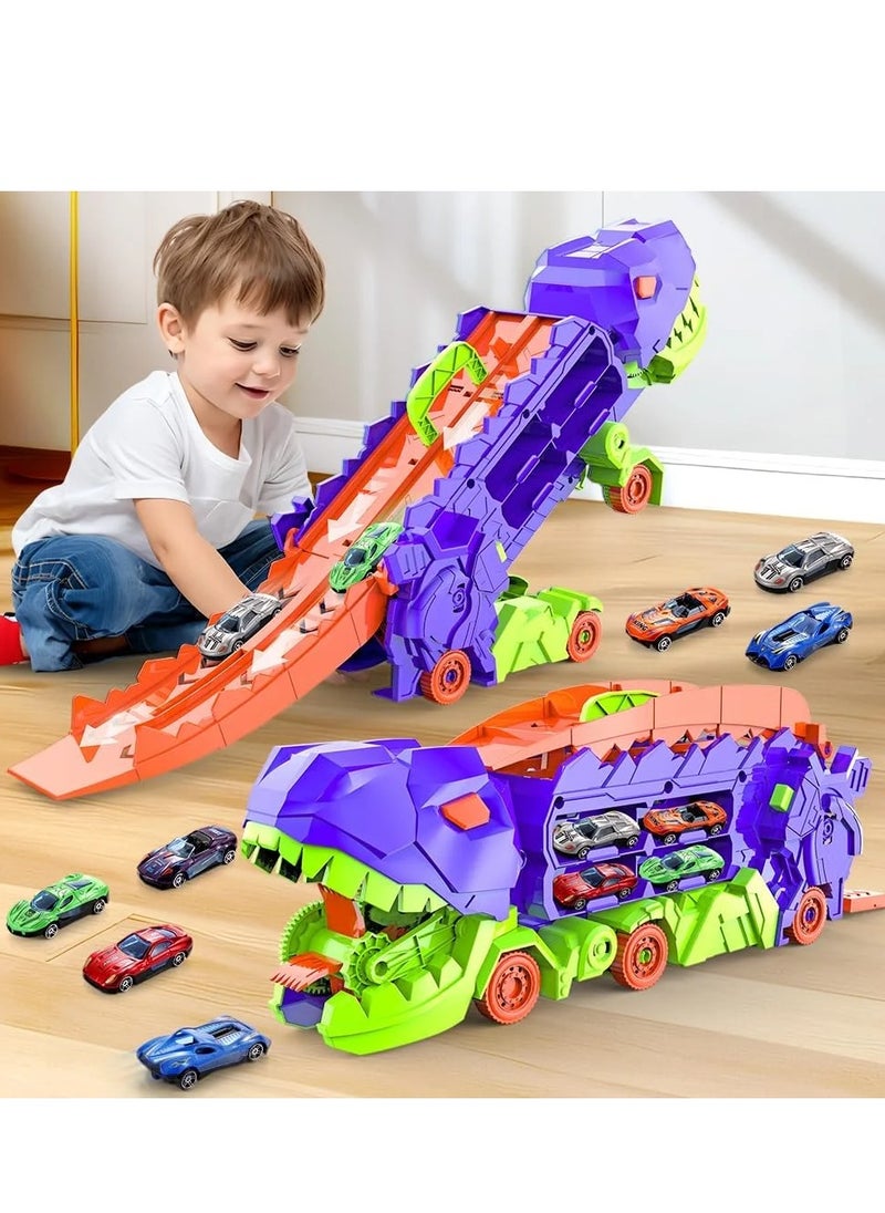 Dinosaur Truck Toys for Kids, Transforms into Triceratops with Race Track Set, Ultimate City Dinosaur Transporter Hauler with 8 Cars, Birthday Gifts Toys for Boys Girls