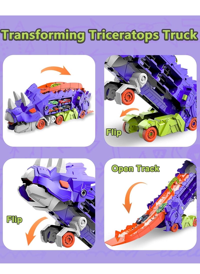 Dinosaur Truck Toys for Kids, Transforms into Triceratops with Race Track Set, Ultimate City Dinosaur Transporter Hauler with 8 Cars, Birthday Gifts Toys for Boys Girls