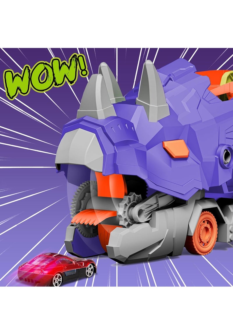 Dinosaur Truck Toys for Kids, Transforms into Triceratops with Race Track Set, Ultimate City Dinosaur Transporter Hauler with 8 Cars, Birthday Gifts Toys for Boys Girls