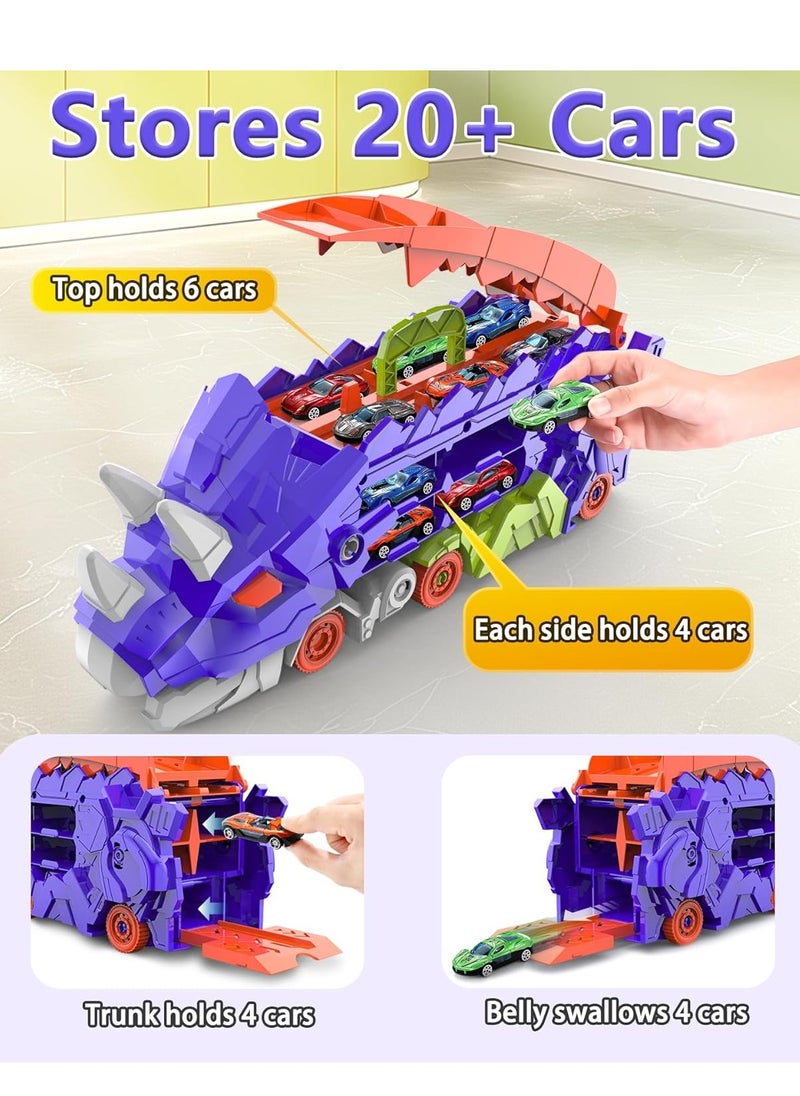 Dinosaur Truck Toys for Kids, Transforms into Triceratops with Race Track Set, Ultimate City Dinosaur Transporter Hauler with 8 Cars, Birthday Gifts Toys for Boys Girls