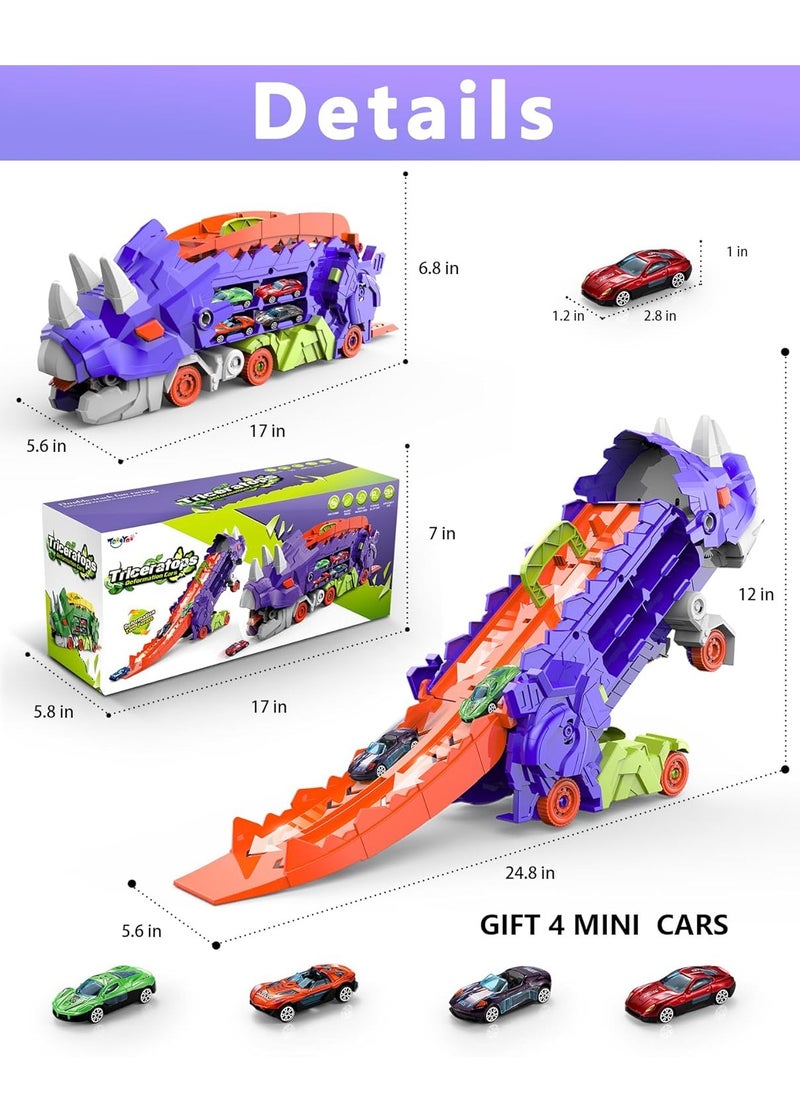 Dinosaur Truck Toys for Kids, Transforms into Triceratops with Race Track Set, Ultimate City Dinosaur Transporter Hauler with 8 Cars, Birthday Gifts Toys for Boys Girls