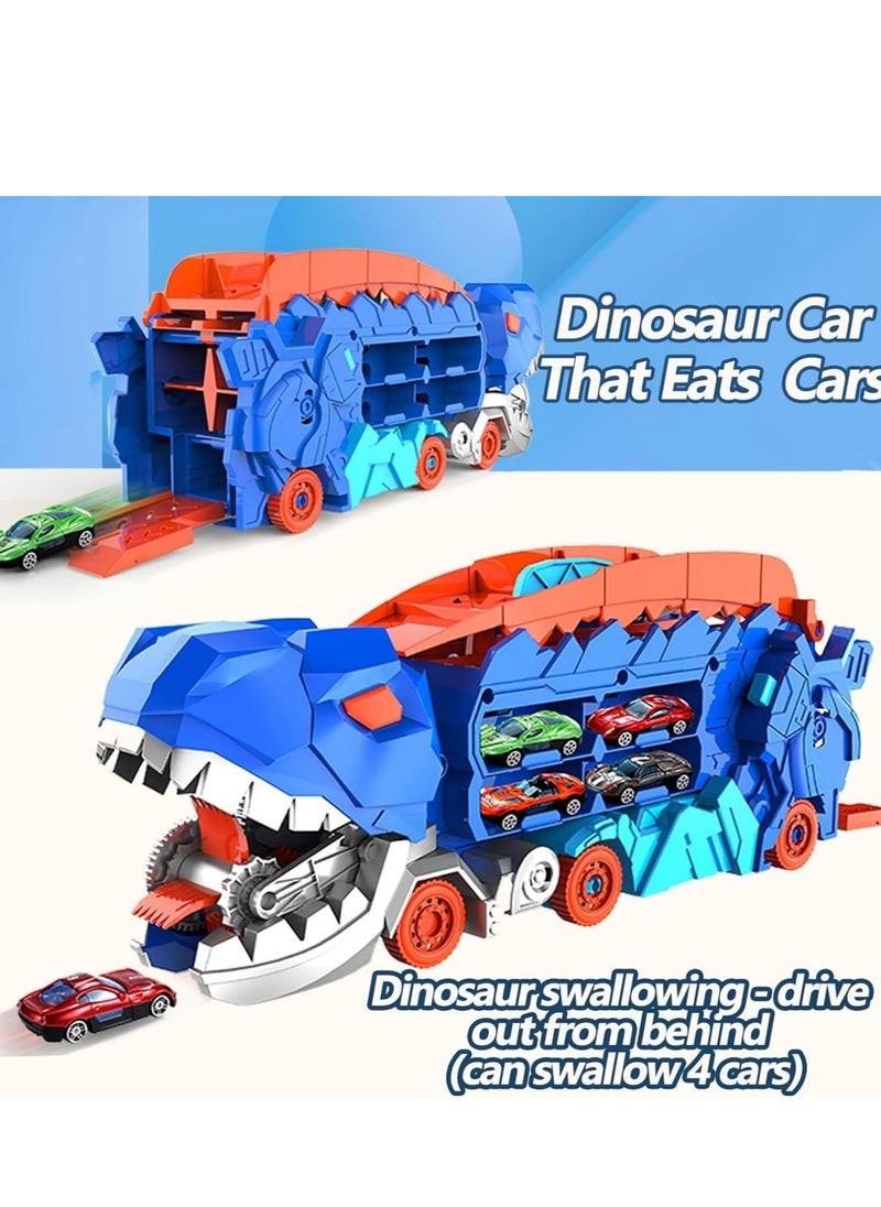 Transporter Dinosaur Truck Toy, Cars Track Set Dinosaur Transporter Truck with 8 Die-Cast Car Toys, Transforms into Dino, Transform Car Toys Gifts Set for Kids Boys Girls