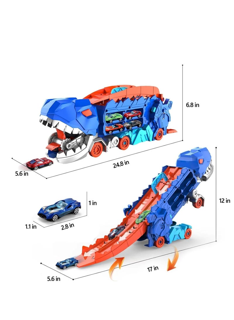 Transporter Dinosaur Truck Toy, Cars Track Set Dinosaur Transporter Truck with 8 Die-Cast Car Toys, Transforms into Dino, Transform Car Toys Gifts Set for Kids Boys Girls